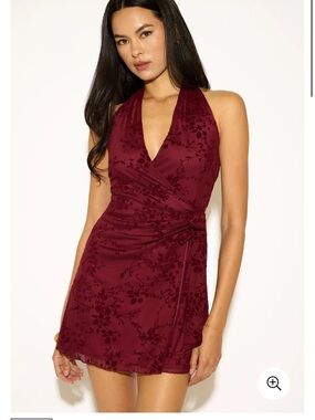 TENSHOPPE HALTER NECK FLOCKED FLORAL WRAP MINI DRESS